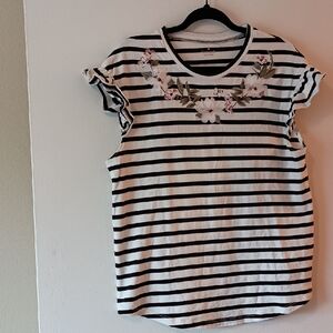 Kate Spade Black and White Striped Top with Floral Embroidery And Ruffle Sleeves